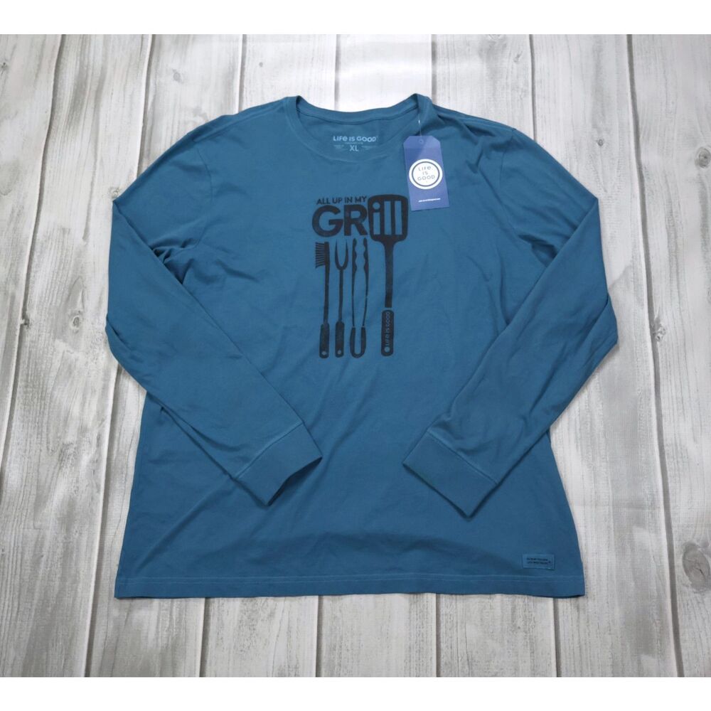 NEW Life is Good Men L/S Crusher Lite Tee All Up in my Grill Blue XL 71733
